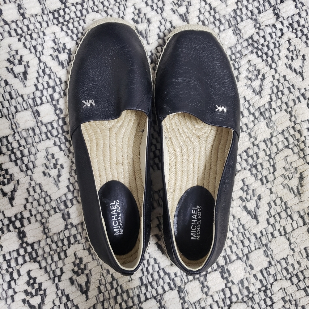 MICHAEL KORS Black Leather Kendrick Slip On Espadrilles Flats - Picture 7 of 12